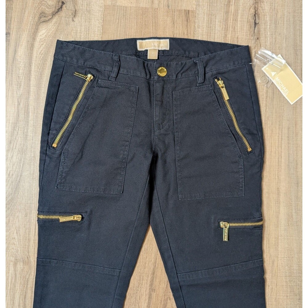 NWT Michael Kors Size 2 Moto Pants Navy Blue Gold Zippers Stretch Designer Chic - Picture 3 of 8